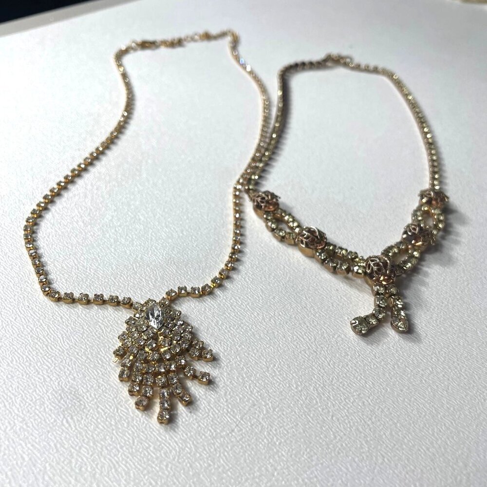 Vintage Rhinestone Statement Necklaces Set Of 2 With Gold-Tone Chains & Intricat